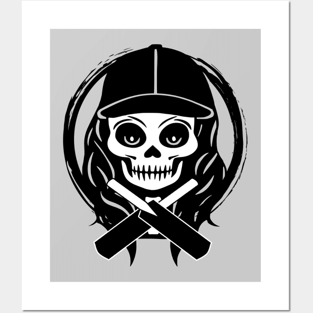 Female Cricketer Skull and Cricket Bats Black Logo Wall Art by Nuletto